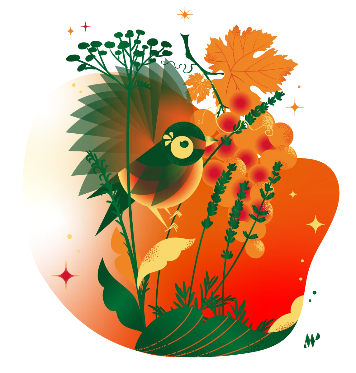 Illustration d'une graphiste et illustratrice indépendante entourée de motifs nature, Drôme-Ardèche