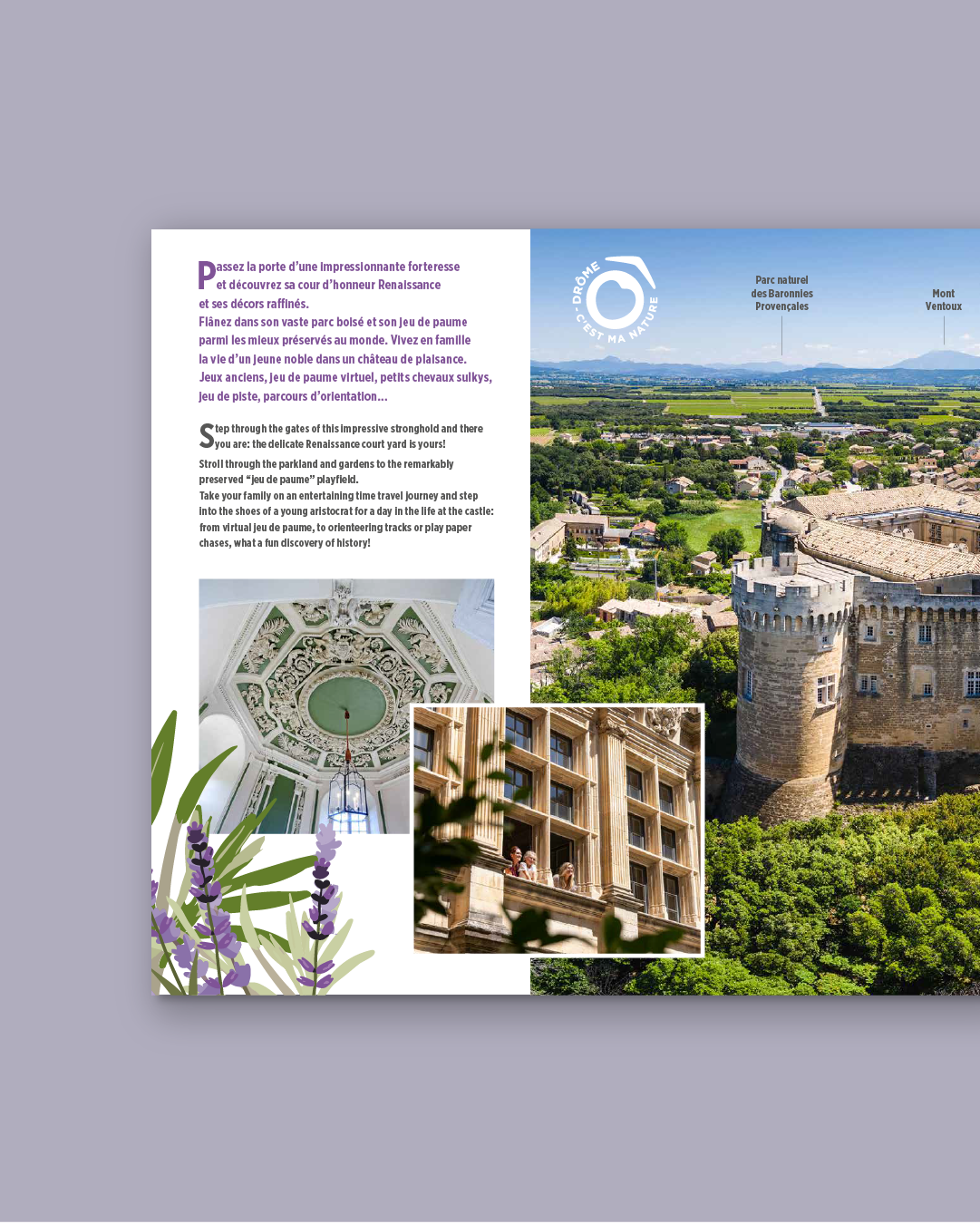 Double page du dépliant touristique Château de Suze-la-Rousse avec vue aérienne du château et texte de présentation