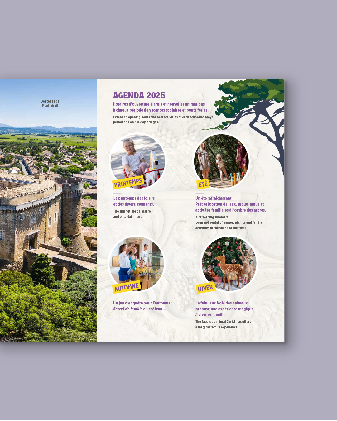 Double page du dépliant touristique Château de Suze-la-Rousse avec agenda des animations saisonnières