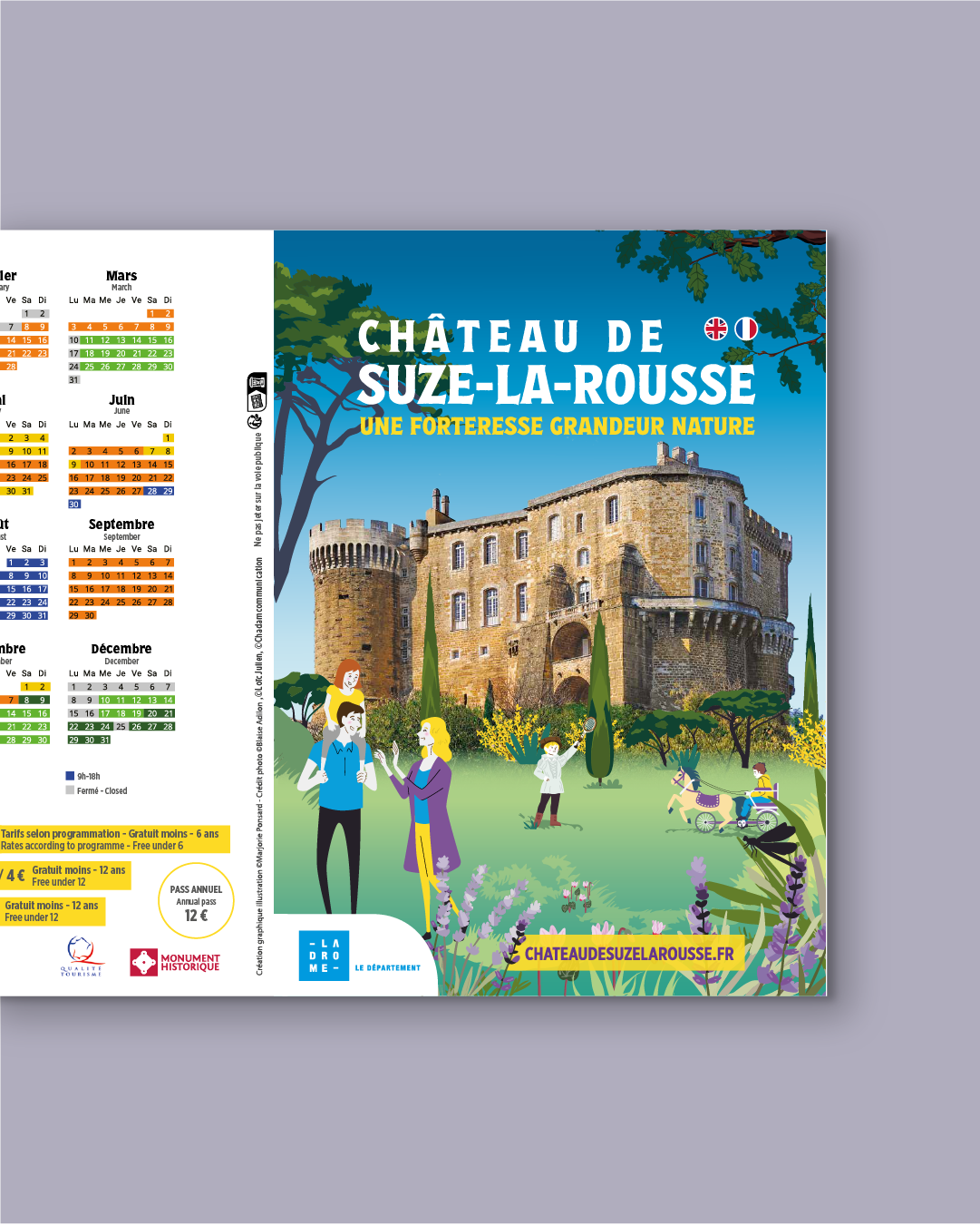 Double page du dépliant touristique Château de Suze-la-Rousse avec calendrier et couverture
